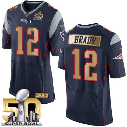 Men's Elite Tom Brady Super Bowl 50 Nike Jersey Navy Blue - #12 Collection NFL New England Patriots